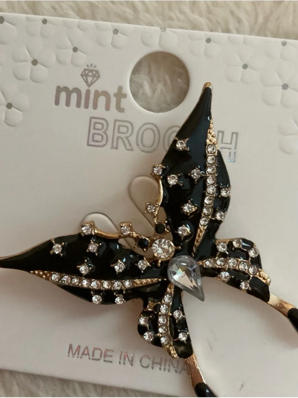 Mint Black and Clear Crystal Butterfly Brooch